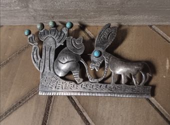 Vintage Mexico Sterling and Turquoise Storytelling Brooch