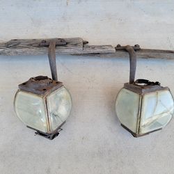 Antique Carriage Light Assembly Pair - Rustic Patina Repurpose