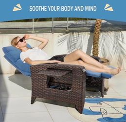 Outdoor Recliner Chair, Reclining Patio Chairs with Adjustable Back up to 150°Lay Flat and Extended Footrest, Wicker Recliner Chairs with Flip Table a