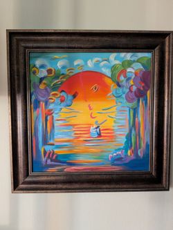 Peter Max Oil Painting on Canvas Board Framed with artist label on reverse.
