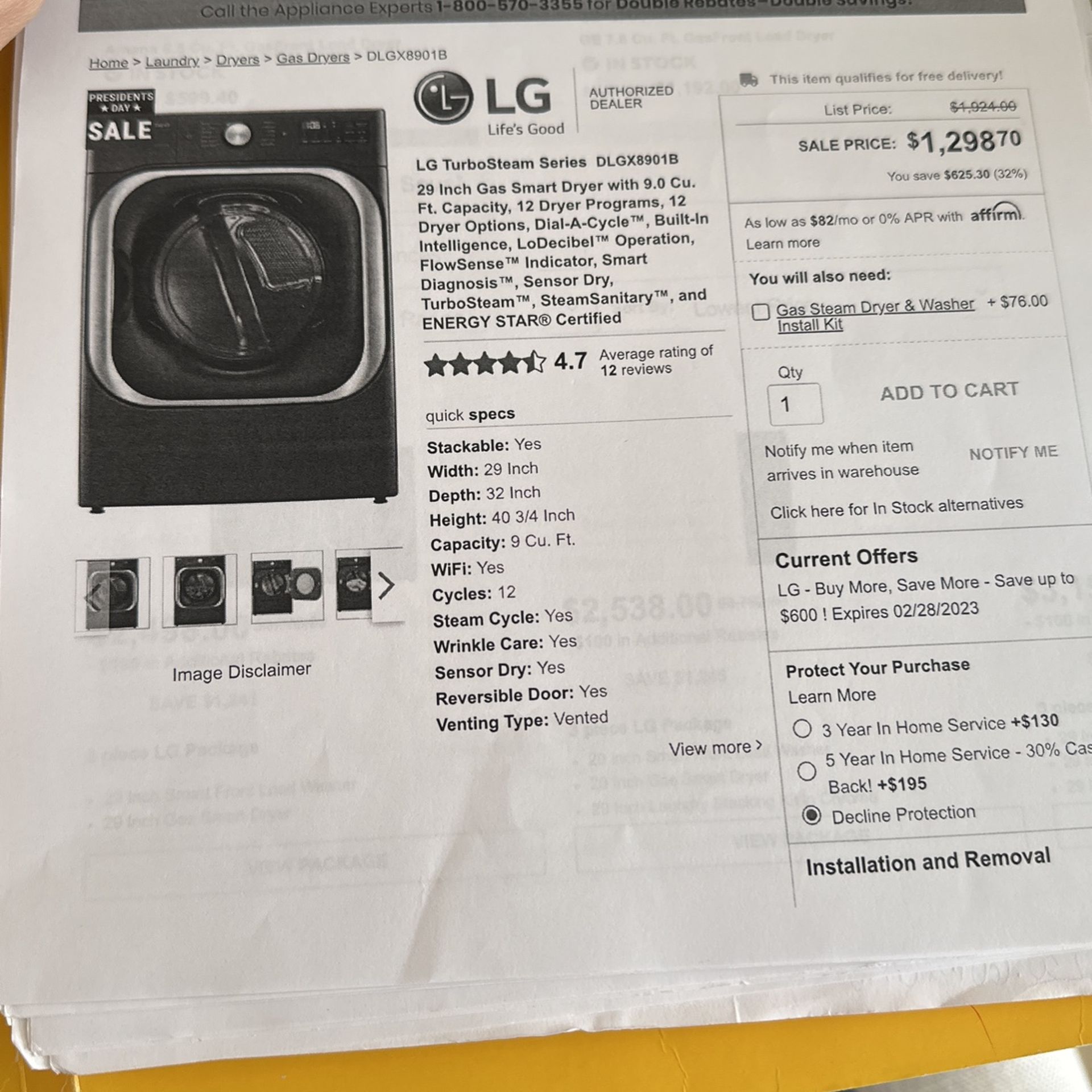 LG DLGX 8901B Bran New Out If Box Gas Dryer