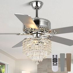 ❤️‍🔥 Crystal Ceiling Fan Fandelier with Lights and Remote Control，52" Modern Chandelier Ceiling Fans with Reversible Blades, Silent Motor，Fandelier C