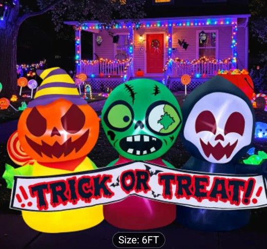 Brand New In Box 6ft Led Light-up Inflatable 3 Ghosts With Trick Or Treat Banner Halloween Decoration