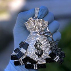 Huge Big Money Bag Jumbo Hip Hop Pendant Dollar Sign Iced Bling Flooded Out Silver Tone Charm
