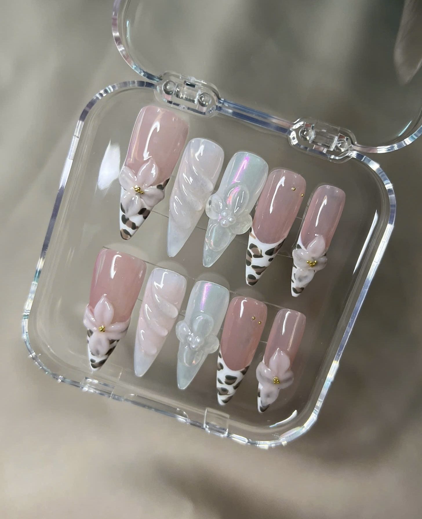 🐄 Pink & White Cow Print Press-On Nails – 3D Flowers & Iridescent Accents