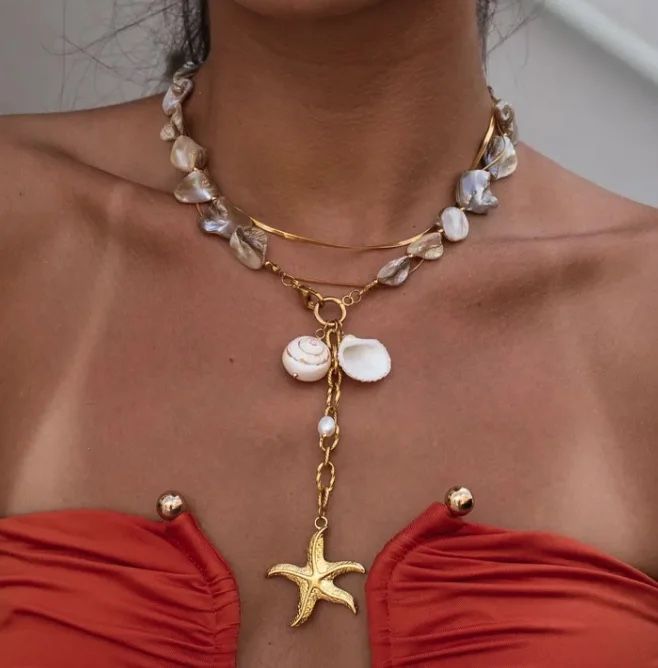 N206 -Starfish Shell, Freshwater Pearl 18K Gold Necklace!