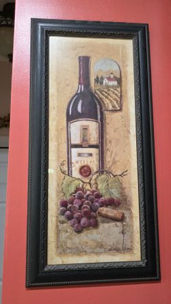 Framed Merlot Wine Bottle & Grapes Art Print — Tuscan Kitchen Decor, Black Beaded Frame