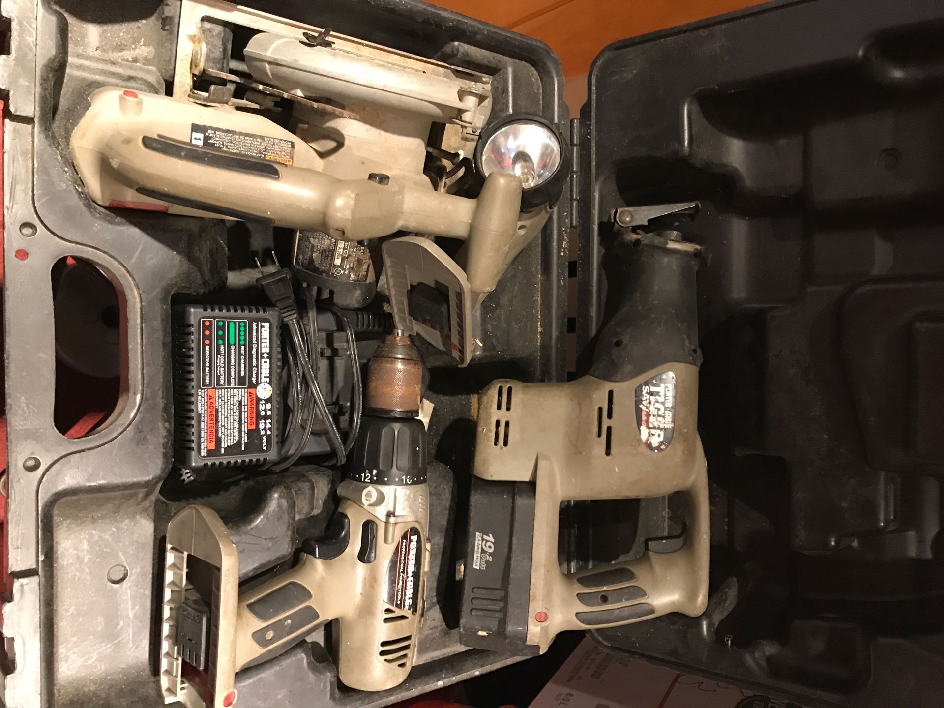 Porter Cable 19 volt professional circulars saw , saws all, flashlight and drill.