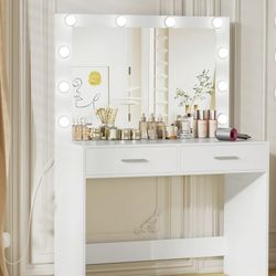Vanity Desk with Mirror, Makeup Table with 2 Large Drawer 3 Color Modes Adjustable Bulb with Bench 