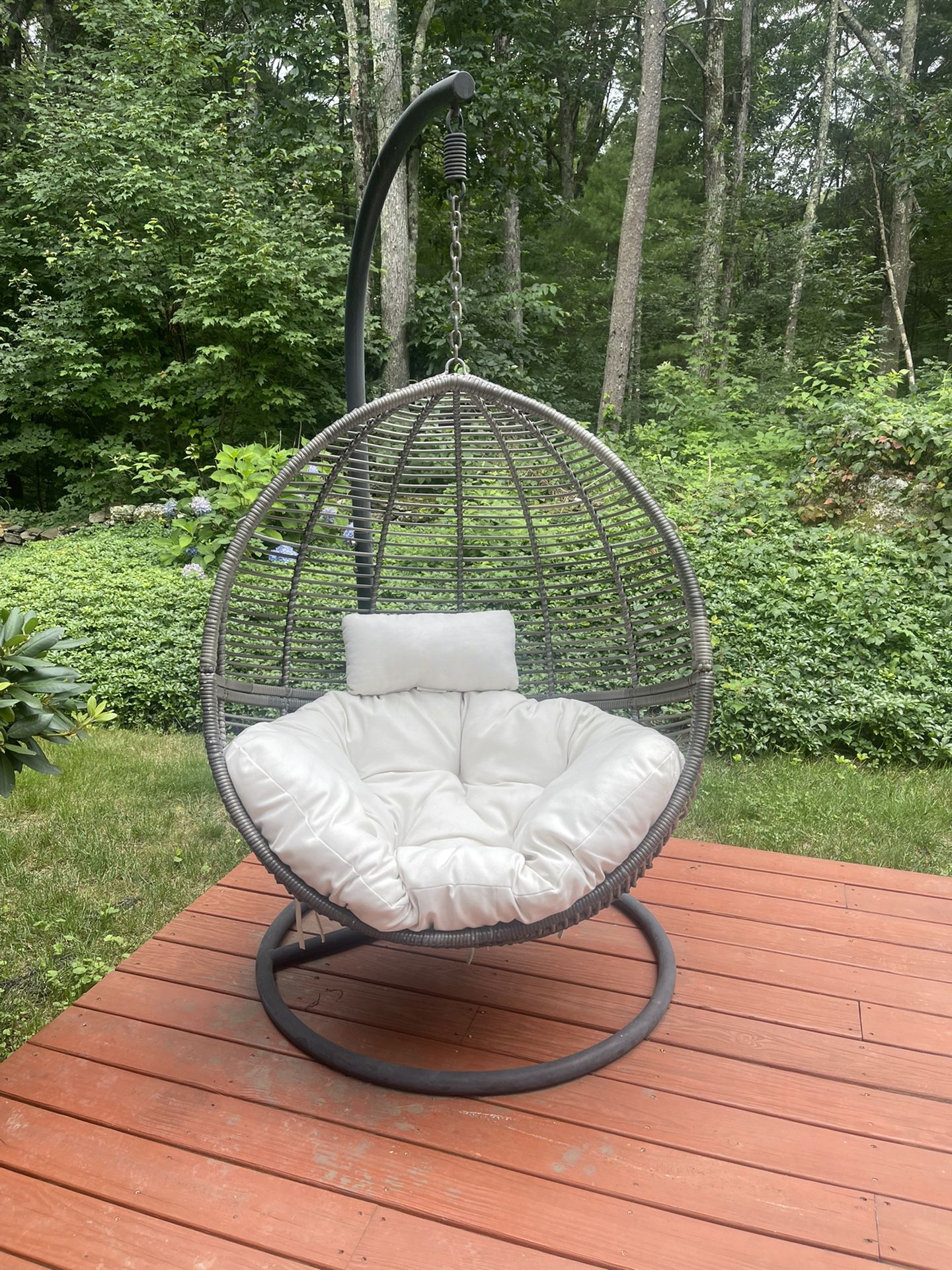 Gray Wicker Round Outdoor Patio Egg Lounge Chair Swing With Biscuit Colored Cushions