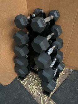 5-25lb hex rubber dumbbell set with rack