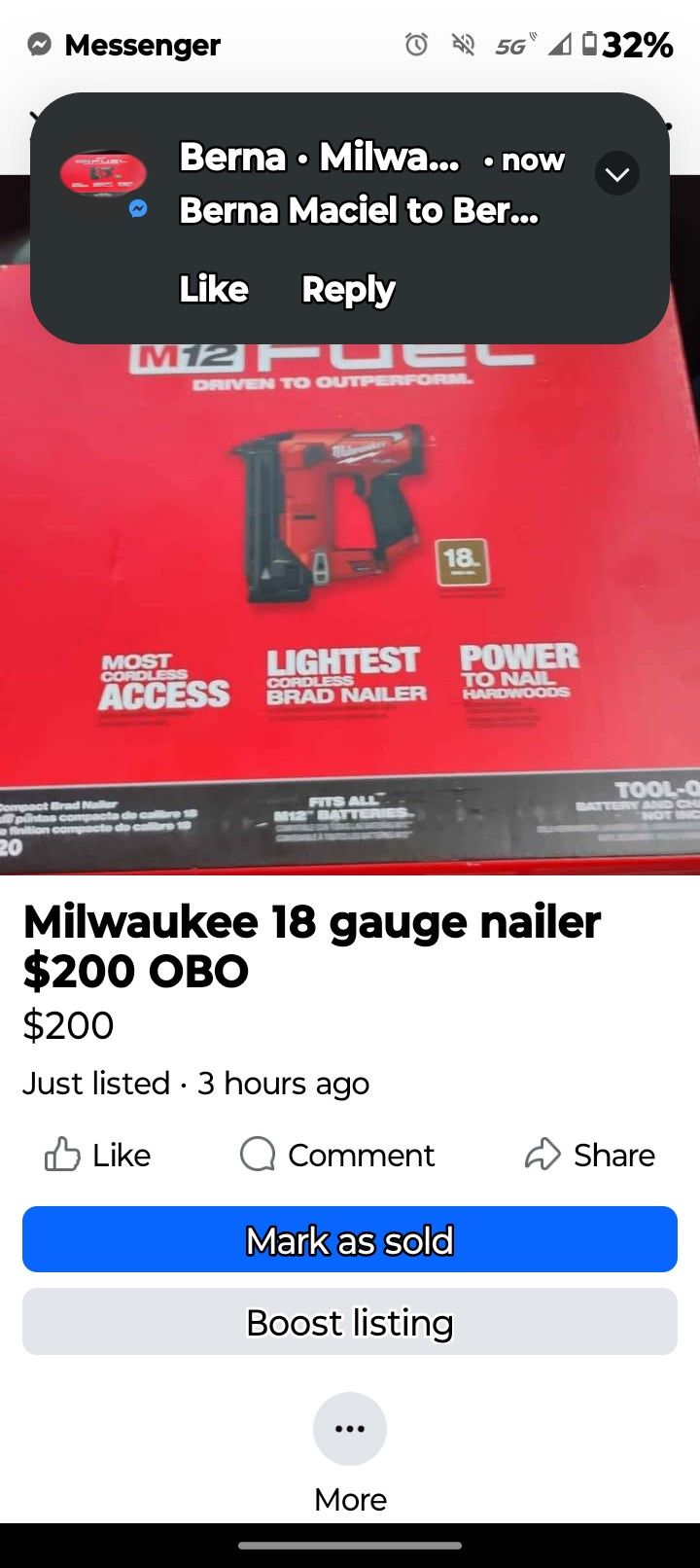 Milwaukee 18g Nailer Battery Powered