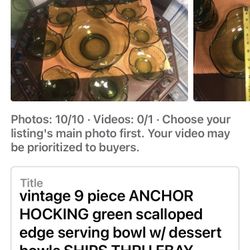 Vintage Anchor Hocking Scalloped 9 Piece Salad / Dessert Serving Bowl