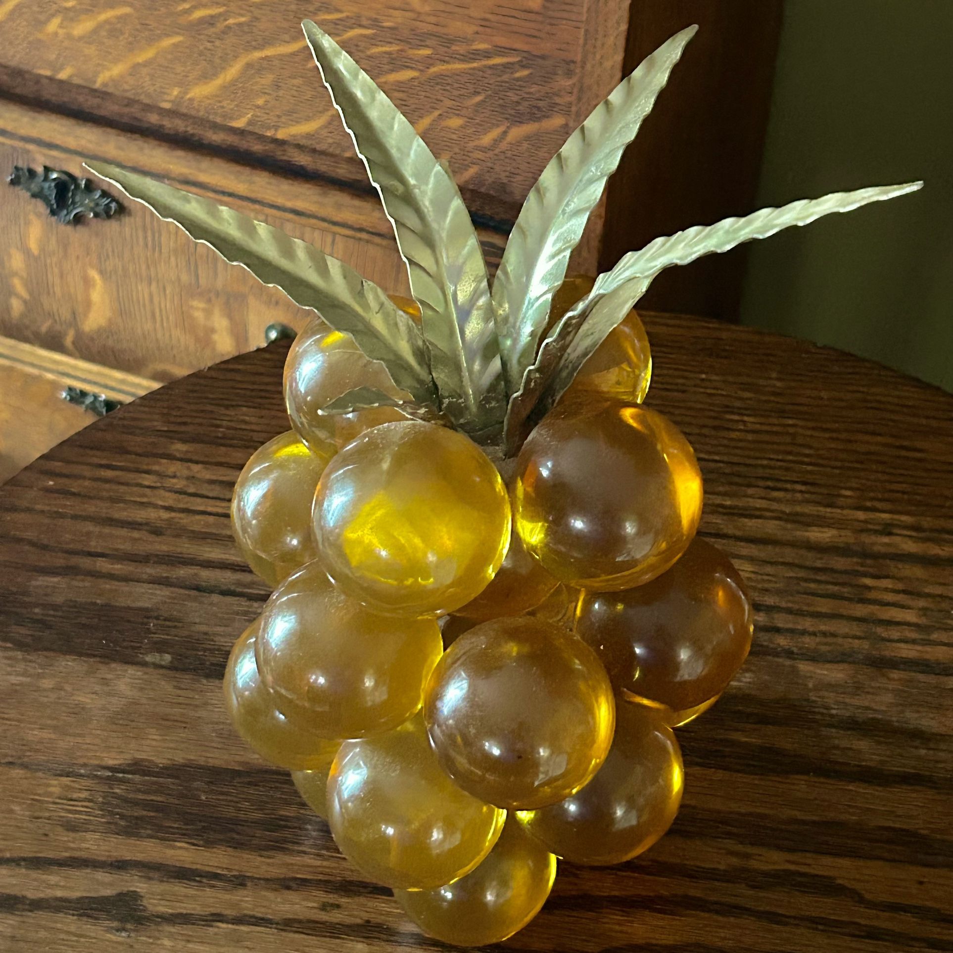 Vintage Mid Century Amber Lucite Acrylic Pineapple Grape Cluster with Gold Leaves — McM Décor — 9"