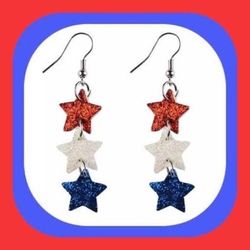 New Super Cute Patriotic Triple  American Stars Sparkle Earrings  4th Of July