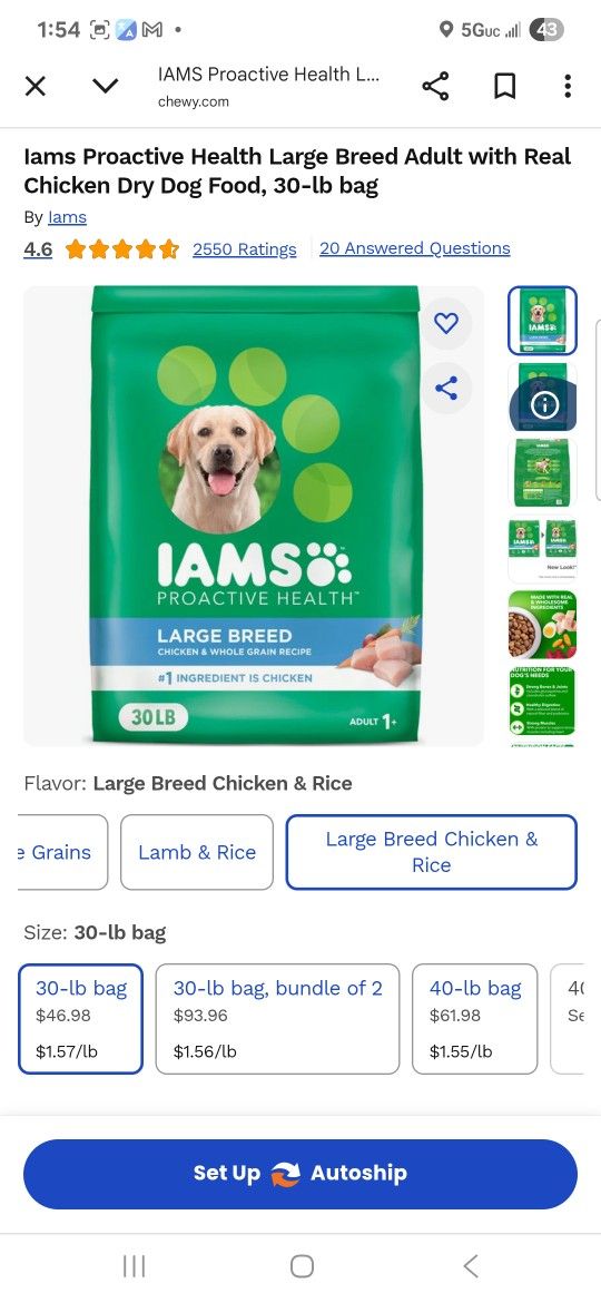 Iams Large Breed 30 Lb Bag Of Dog Foood Exp 2026