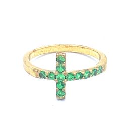 925 silver Yellow Gold Round Green Emerald Curved Sideways Cross Band Ring
