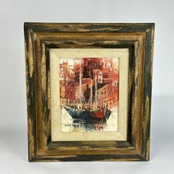 Paolo Stirrat Signed Palette Knife Oil Painting, Harbor Sailing Ships, Framed