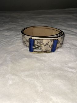 Michael Kors Beige MK Pattern, MK Logo Gold/Navy Buckle Belt 