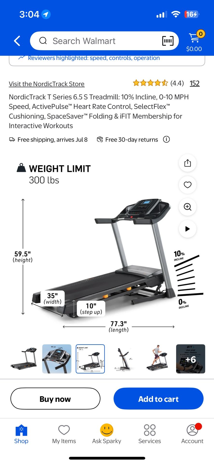 NordicTrack T Series 6.5 S Treadmill: 10% Incline, 0-10 MPH Speed, ActivePulse™ Heart Rate Control, SelectFlex™ Cushioning, SpaceSaver™ Folding & iFIT