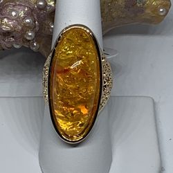 Large Boho Chic Amber Type Stone On gold Band Size 7.5 For $16