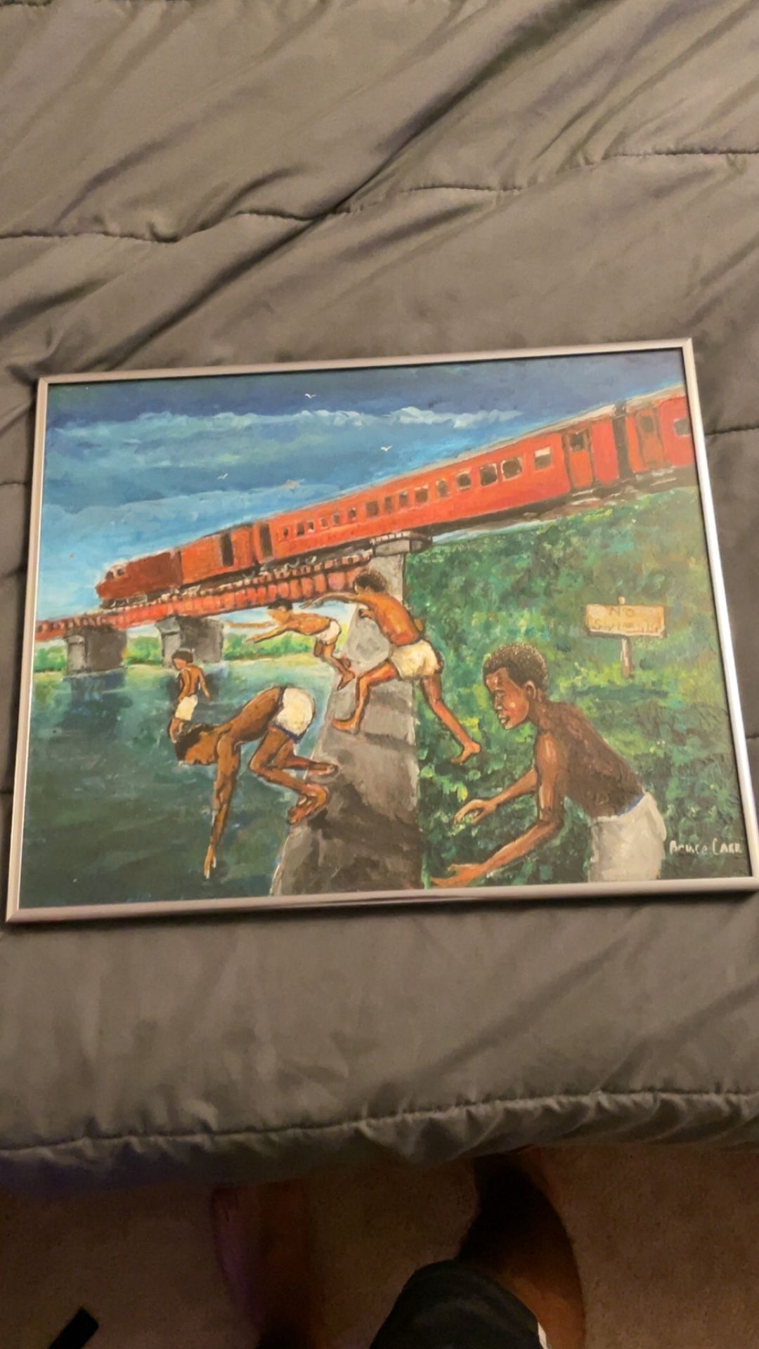 Offers, No Swimming / train bridge” painting, signed Original Acrylic