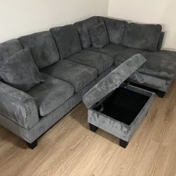 New Corduroy Sectional.  Grey Or Off White / Beige.  99”x66”.  Free Delivery!