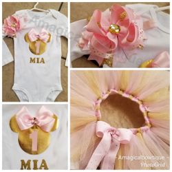 Minnie Mouse first birthday tutu set-gold and pink