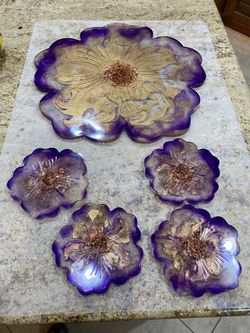 Handmade resin art tray & coaster set - gorgeous purple/gold flowers