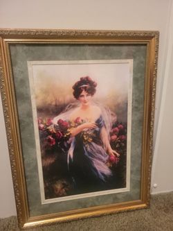 21" x 16" (Victorian Lady Holding Roses) Victorian Style Framed Wall Art Decor - Like-New