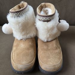 UGG Women's / Girl's Brie Pom Pom Boots – Tan Suede, Sheepskin, Wool, Waterproof