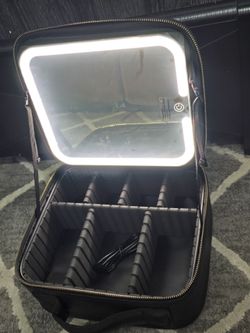 Travel Makeup Bag Cosmetic Bag Makeup Organizer Bag with Lighted Mirror, Adjustable Brightness in 3 Color Scenarios, Waterproof Makeup Train Case, Gif