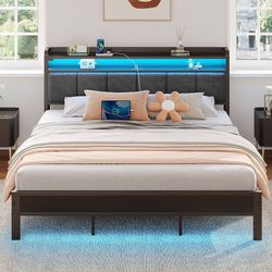 0995（BF008）Bed Frame King Size with Charging Station and LED Lights, Upholstered Headboard with Storage Shelves, Heavy Duty Metal Slats, No Box Spring