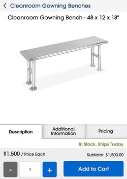 Brand New//Out of Box Cleanroom Gowning Bench - 48 x 12 x 18"