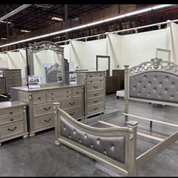 Brand New Antique Champagne Finish Queen Size Bed Set