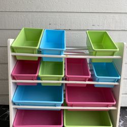Toy organizer with bins, multicolor