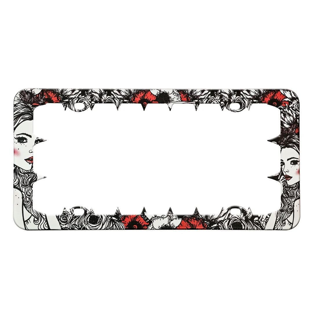 STAINLESS METAL CAR LICENSE PLATE FRAME COVER - ROSE LADY