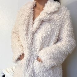 White Shag Faux Fur Coat Fuzzy Jacket Size Large