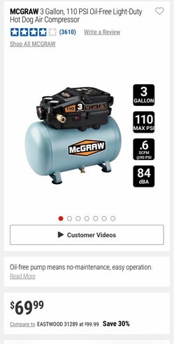 McGraw 3 gallon air compressor 110PSI