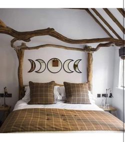 Keweis 5 Pieces Scandinavian Natural Decor Acrylic Wall Decorative Interior Design Wooden Moon Phase Mirror Bohemian Wall Decoration for Home Living R