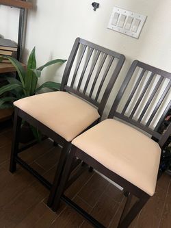 MUST SELL - GREAT PRICE! Set of two IKEA EKEDALEN brown bar stools with light fabric seats!!