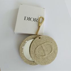 New in Box Authentic Dior Beige Linen Gold Chain Bag Charm / Pocket Mirror