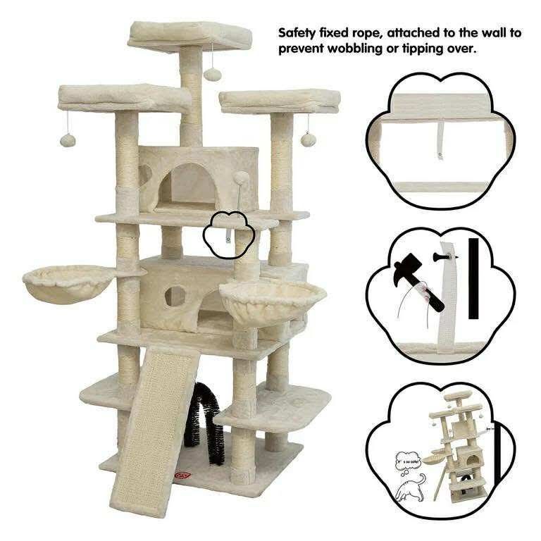 68" Large Cat Tree, Multi-Level Cat Tower with Sisal Scratching Posts, Cat Activity Center Cat Play House, Beige