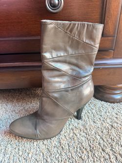 Taupe Leather Heeled Mid-Calf Boots