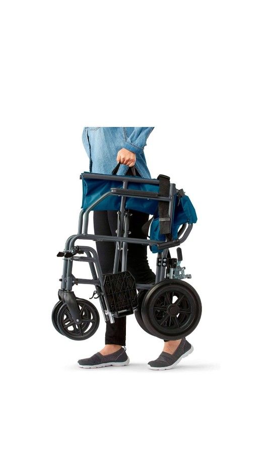 Medline - Lightweight Transport Wheelchair with Microban Protection, Folding Chair is Portable, 19" Seat - Teal