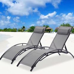 2PCS Set Lounges Outdoor Lounge Chair Lounger Recliner Chair for Patio Lawn Beach Pool Side Sunbathing (Gray)