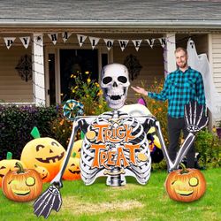 5.5 ft Halloween Skeleton Yard Sign Decorations Giant Skeleton Stakes 2D Trick-or-treat Skeleton Stakes Halloween Yard Pumpkin Decorations for Outdoor