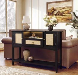 Brand New Black & Natural Rattan Console Table with Storage