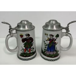 Pr Lichte Bierseidel Beer Stein Mugs-Made in GDR-Fine China-Male & Female-w/Lids