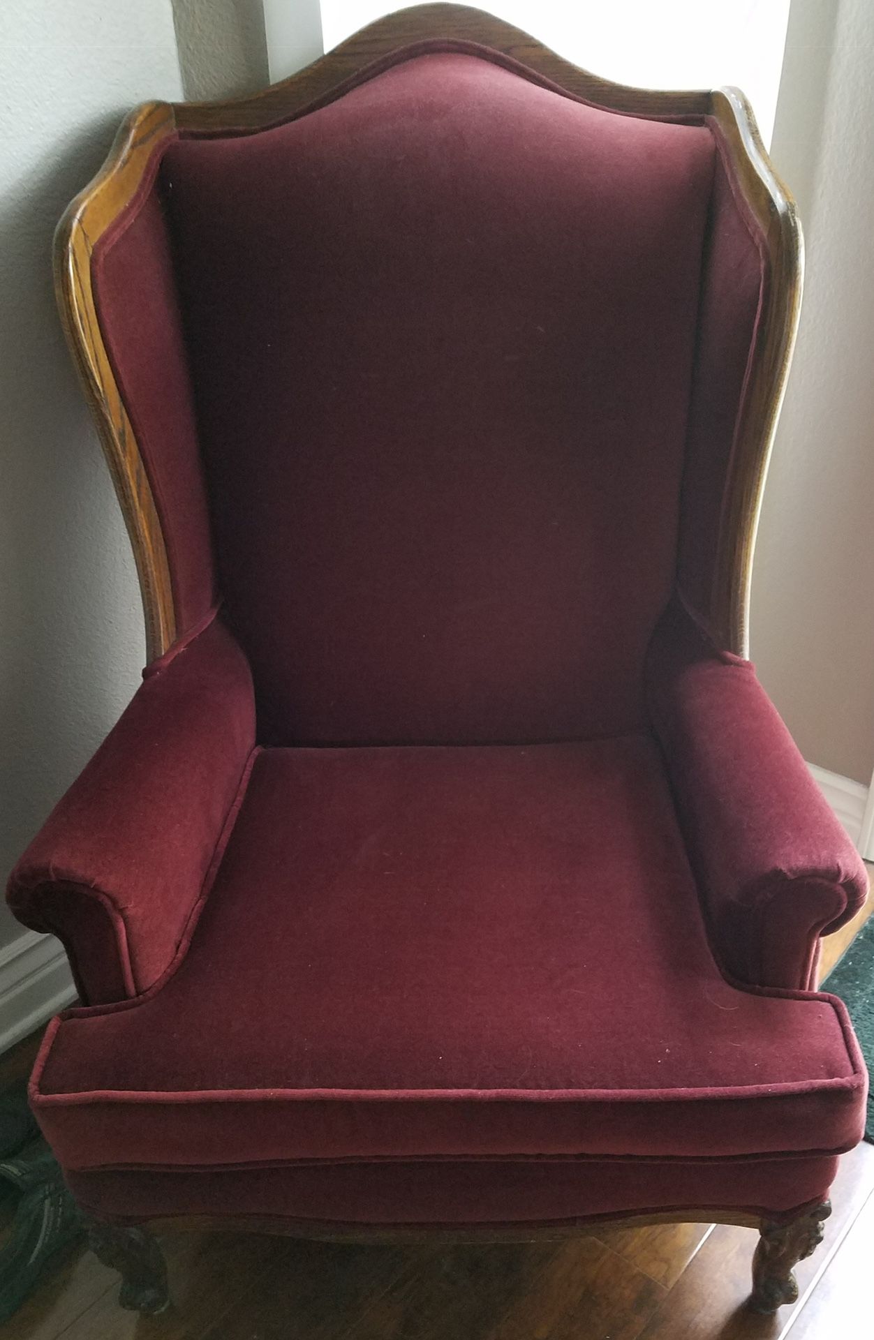 Gorgeous Antique Vintage Shabby Chic Burgundy Velvet Wingback Chairs